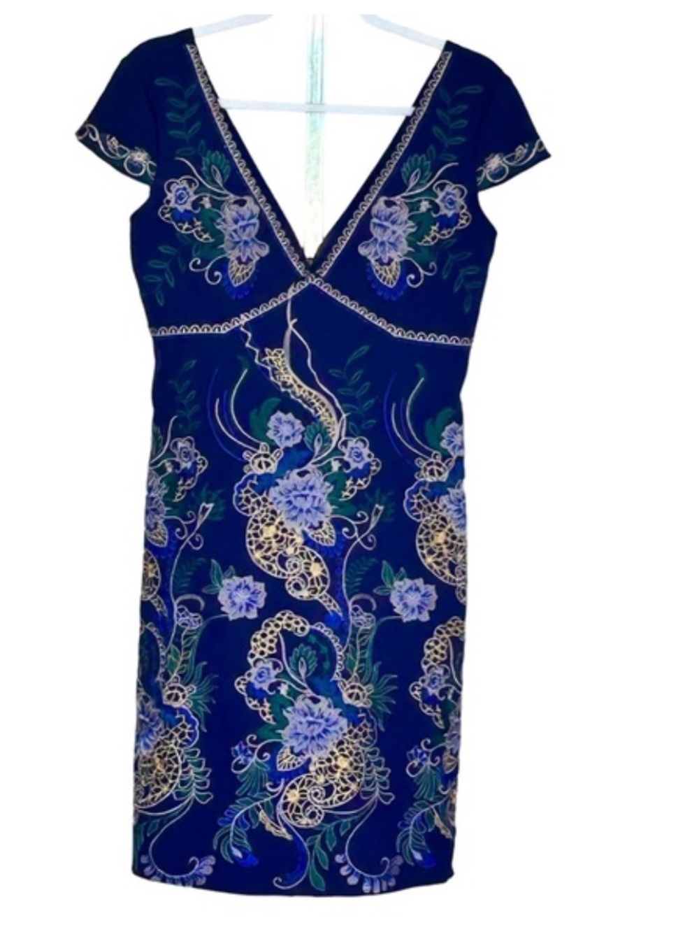 foxiedox Navy Floral Embroidered V-Neck Midi Dress with Gold Accents Sz S